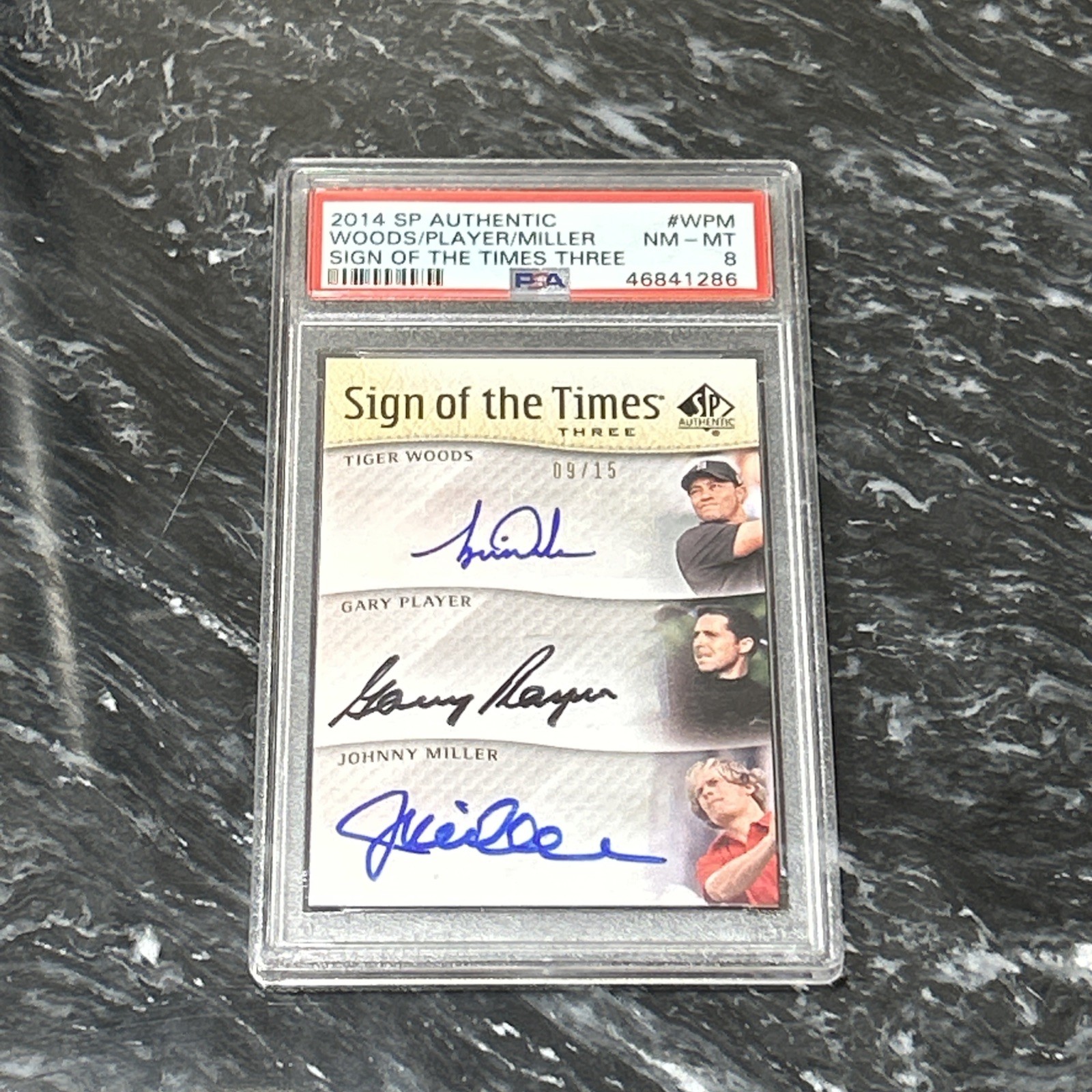 Tiger Woods 2014 SP AUTHENTIC SIGN OF THE TIME AUTO -PLAYER-MILLER /15 PSA 8 