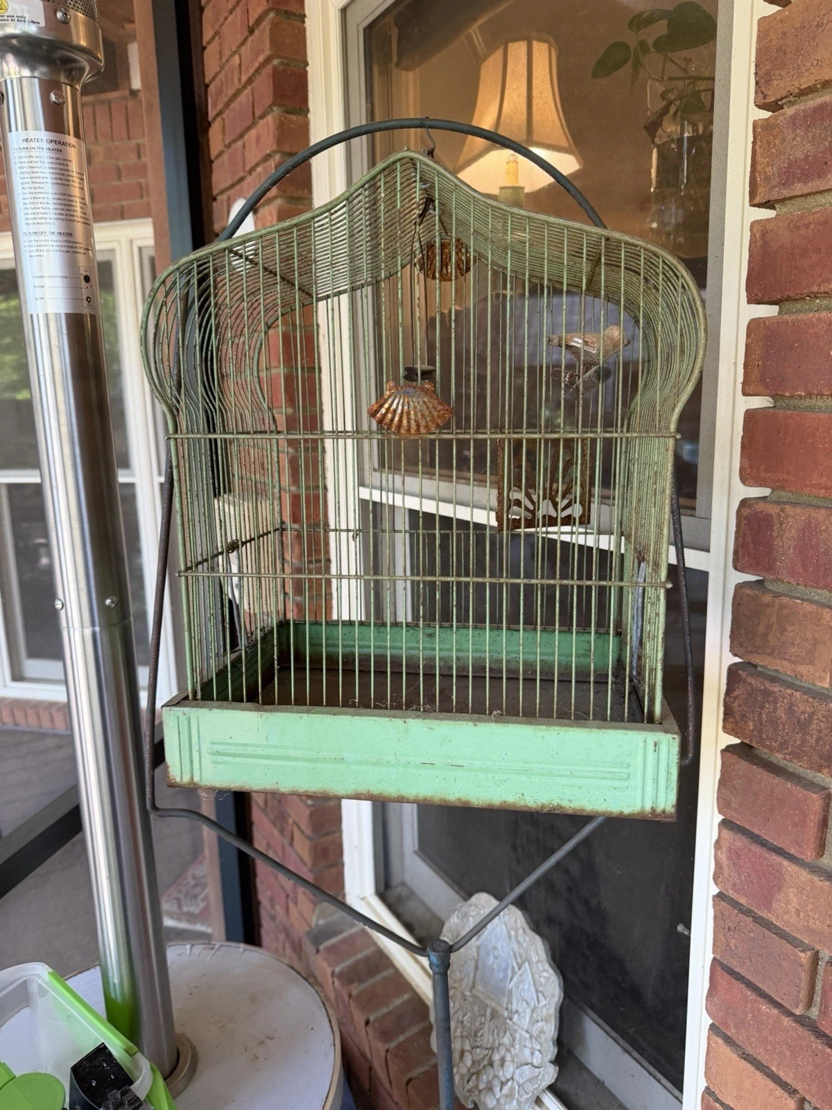 Antique Art Deco 1930's Crown Bird Cage House Original Sage Green Paint w Swing
