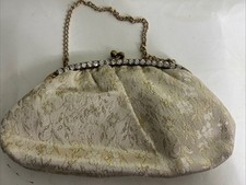 Vintage Clasp Close Clutch With Chain Ivory Gold Floral Jeweled 8.5x5x1