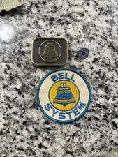 Vintage Telephone Bell System Lot - Embroidered Patch, Pin, & Brass Belt Buckle