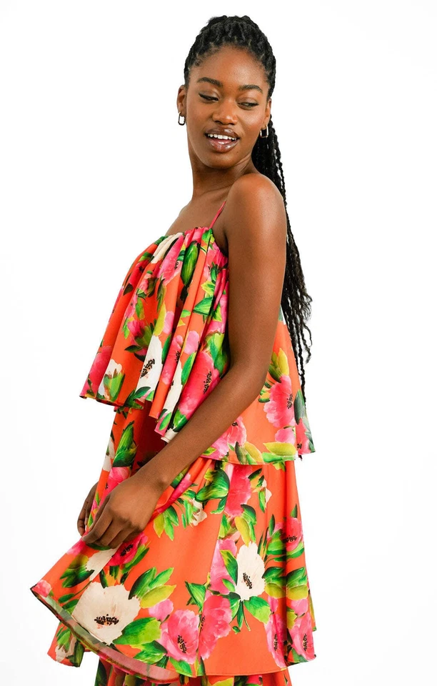 Forever Unique Womens Orange Floral Print Midaxi Dress Square Neck RRP £160 — 第 3/4 张图片