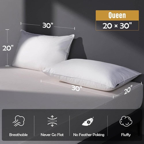 Paquete de 2 almohadas de plumas de lujo tamaño queen, 100 % algodón queen, blancas - Imagen 7 de 8