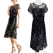 Women's Sequin Fit and Flare A-Line Midi Dress Glitter Black Gold