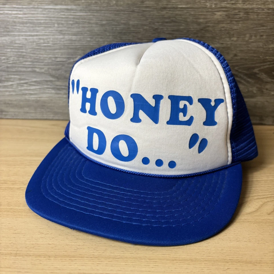 Gorra de camionero vintage Honey Do espalda a presión azul blanco para hombre años 80 Foto 4 de 4