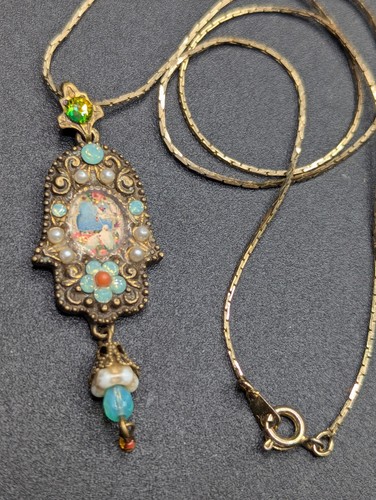 Michal Negrin Signed Israeli Designer Hamsa Pendant on Unbranded Chain Necklace - Picture 11 of 12