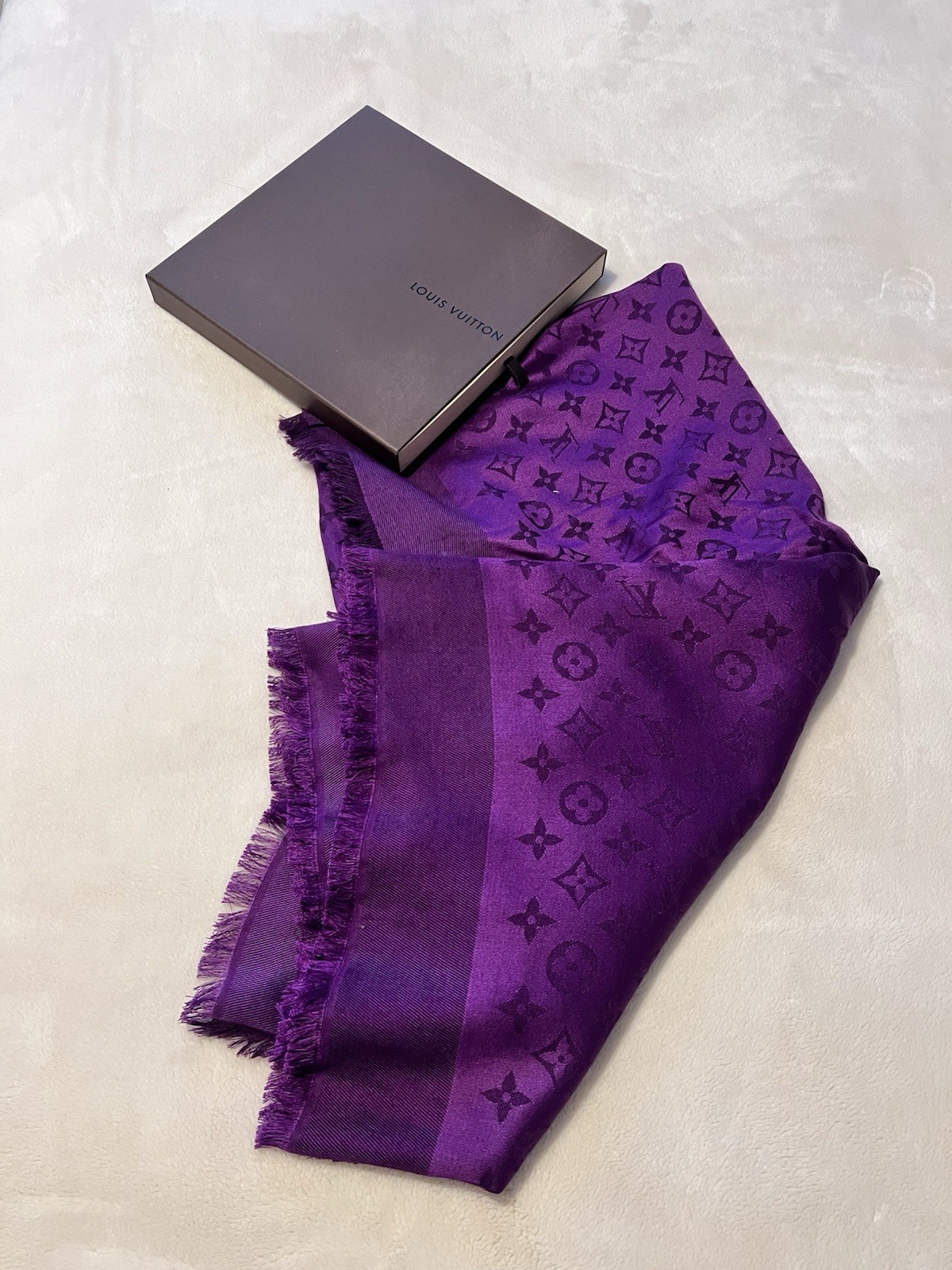 Louis Vuitton Purple Monogram Silk Jacquard Fringe Square Scarf 140cm