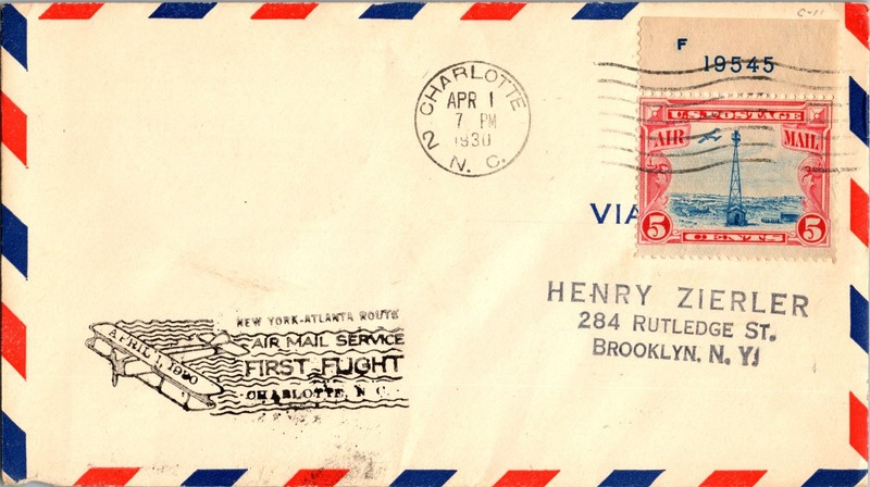 Eastern Airlines First Flight Charlotte NC - New York - City Name Added - 1930