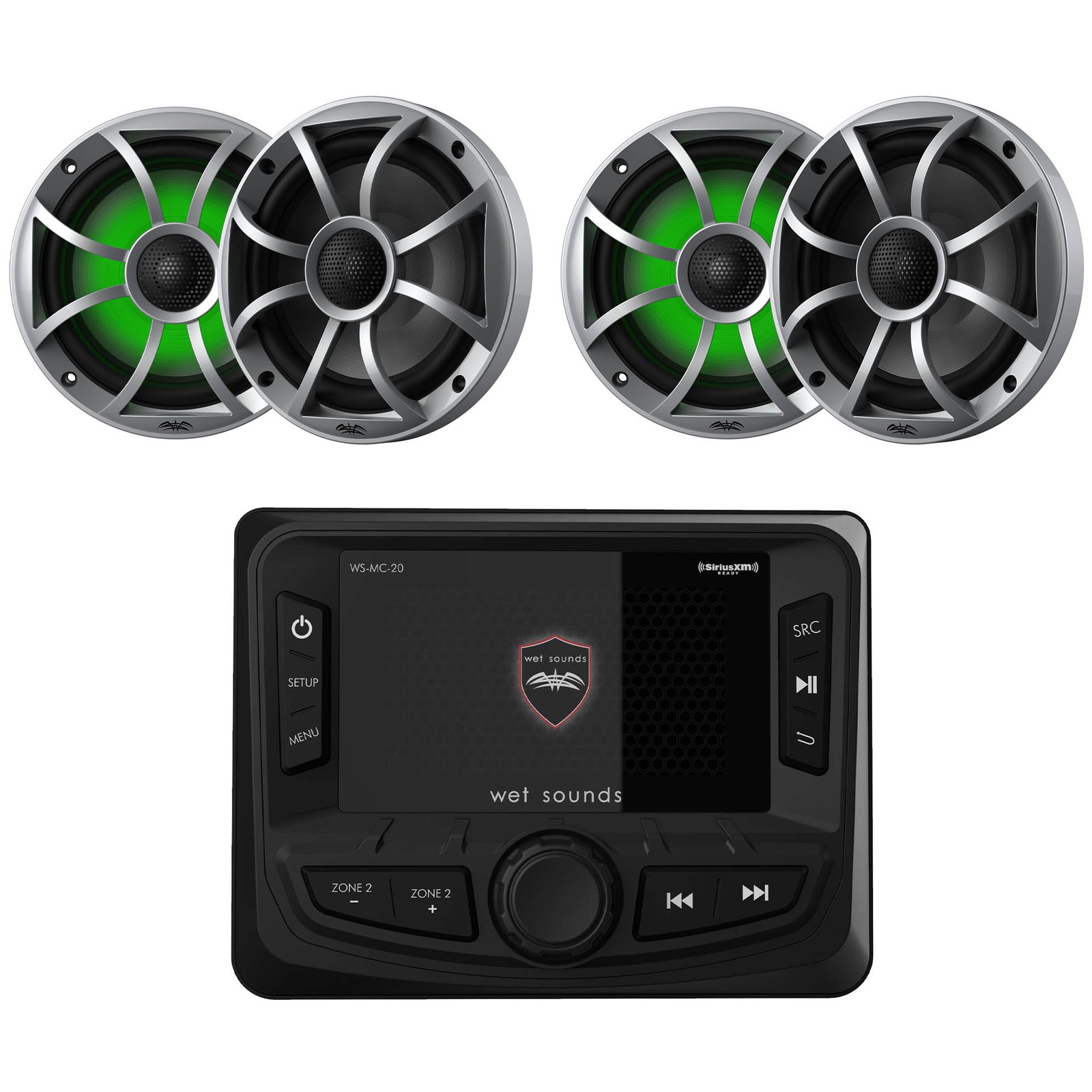 Wet Sounds WS-MC-20 Marine Radio w/ 2 Pairs RECON 6-S RGB LE