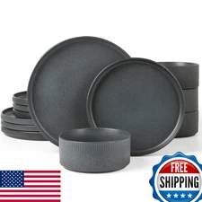 Famiware Star 12-Piece Dinnerware Set for 4, Ribbed Matte Dark Charcoal, Chip Re