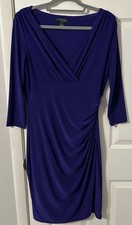 Lauren Ralph Lauren Dress Womens 10 Purple Faux Wrap Ruched V Neck