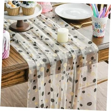  Black and Golden Polka Dots Gauze Table Runner 120 Inch 10FT, 28" x 120" Beige
