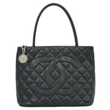 CHANEL CC Medallion Leather Tote Handbag Black Silver