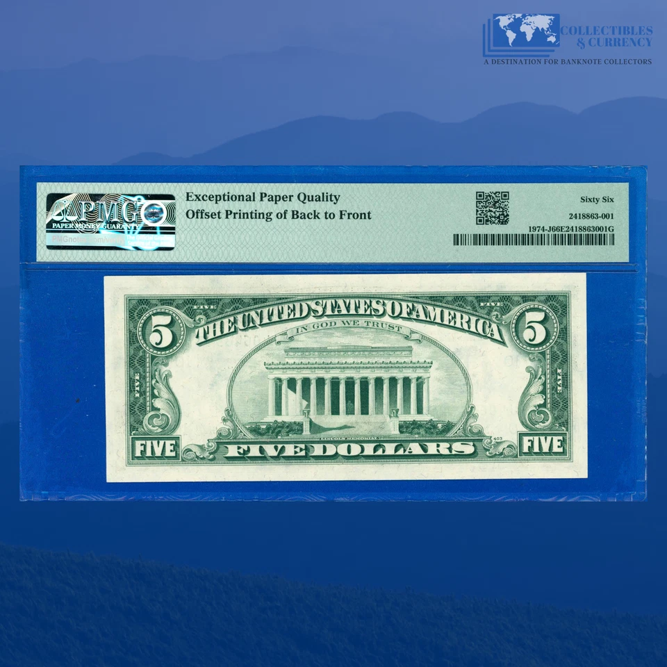 1977 $5 Federal Reserve Note, OFFSET PRINTING ERROR, PMG GEM 66 EPQ #48947 - Image 2 of 3