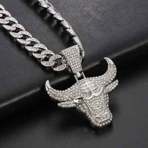 Authentic Hip Hop Gold Plated BULL Pendant & 15mm Iced Cuban Cubic Zirconia Chain Necklace