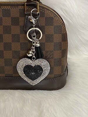 Bling Heart bag Charm keychain fob tassel Silver Black Clip on - Main Image