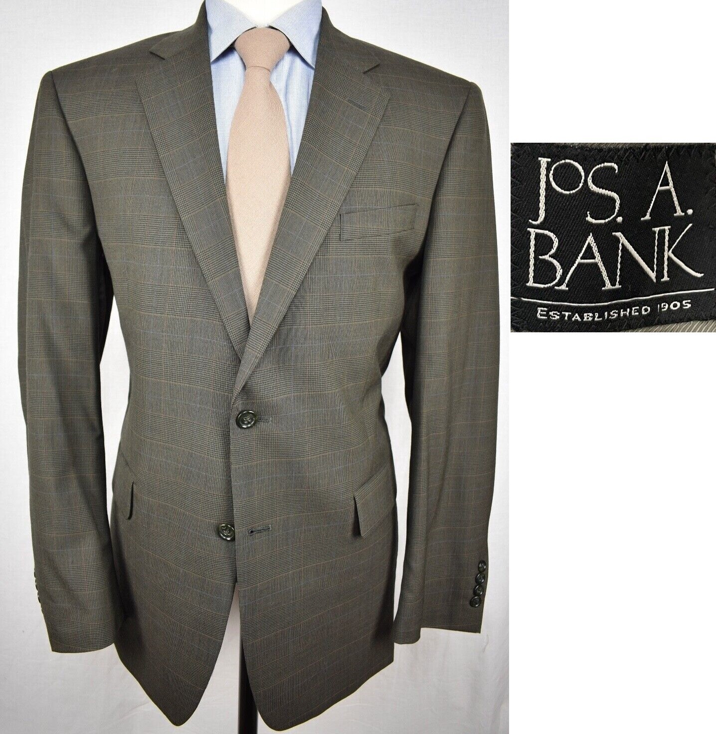 JOS A BANK 1905 COLL designer OLIVE PLAID mens suit 46R 46 REG pants 42
