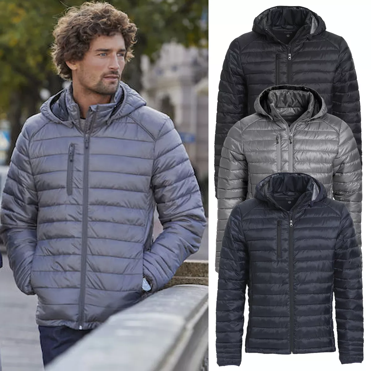 Mens Jacket Lightweight Padded Puffer Quilted Hooded Warm Full Zip