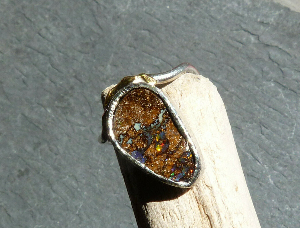 Bague En Argent 925 Et Or 24 Ct Avec Opale D'Australie - Taille 48 - Bimonia - Neuf Avec étiquettes