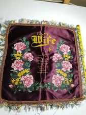 Vintage Silky Satin Pillow Cover WIFE Red Roses 18"x 18" 2" Fringe