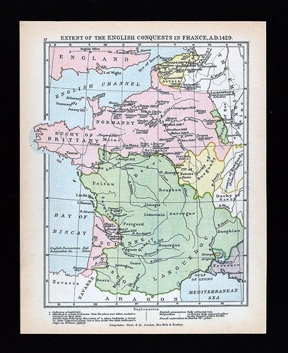 Antique Map English Conquests in France 1429 Hundred Years War Battles England - 第 1/2 張圖片