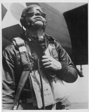 Pilot full combat gear beside plane, wearing oxygen mask, throat m Old Photo