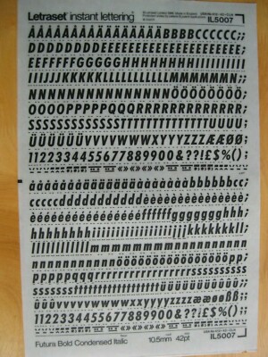 0,1 x Letraset Upp/Low/Nu FUTURA BOLD CONDENSED ITALIC 42pt 10,5mm Bogen IL5007 `