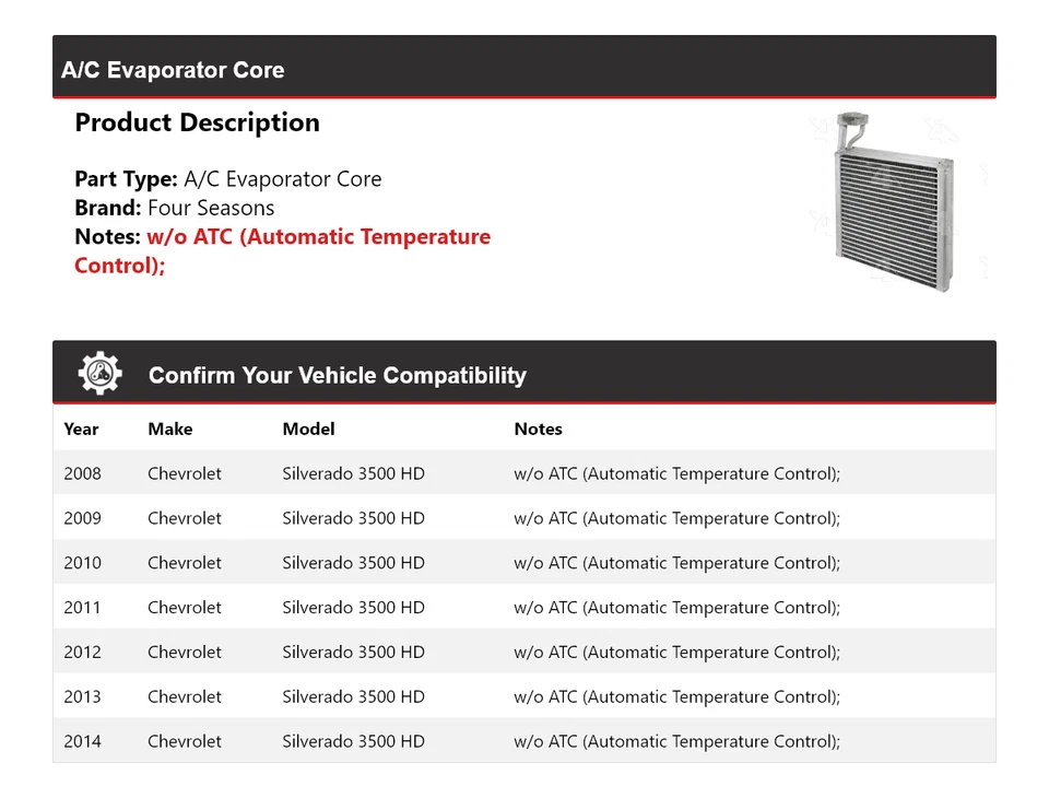 Para Chevrolet Silverado 3500 HD 2008-2014 núcleo evaporador aire acondicionado 4 estaciones 2009 Foto 2 de 4