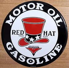 Plaque métal USA RED HAT MOTOR GASOLINE - ronde 30 cm