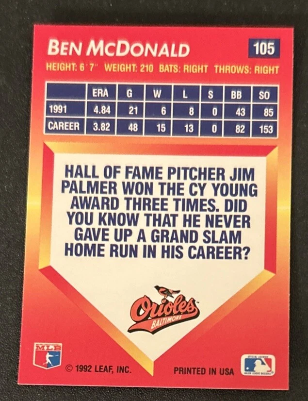 Tarjeta de béisbol Donruss Triple Play Ben McDonald 1992 #105 Orioles Pitcher en muy buen estado buen estado Foto 2 de 2