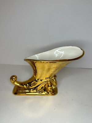 Vintage Kleine Co. Ceramic Cornucopia Vase Horn of Plenty GOLD white inside 8''