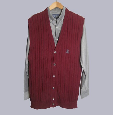 VTG 60s IZOD BUTTON V-NECK BURGUNDY SWEATER VEST w/CABLE  GRANDPA/TENNIS/GOLF LRG