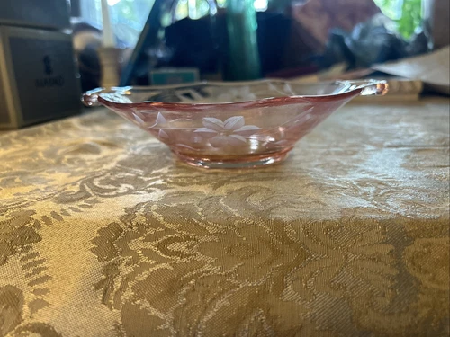 Pink Depression Glass Hexagon Double Handled Dish Etched Flowers