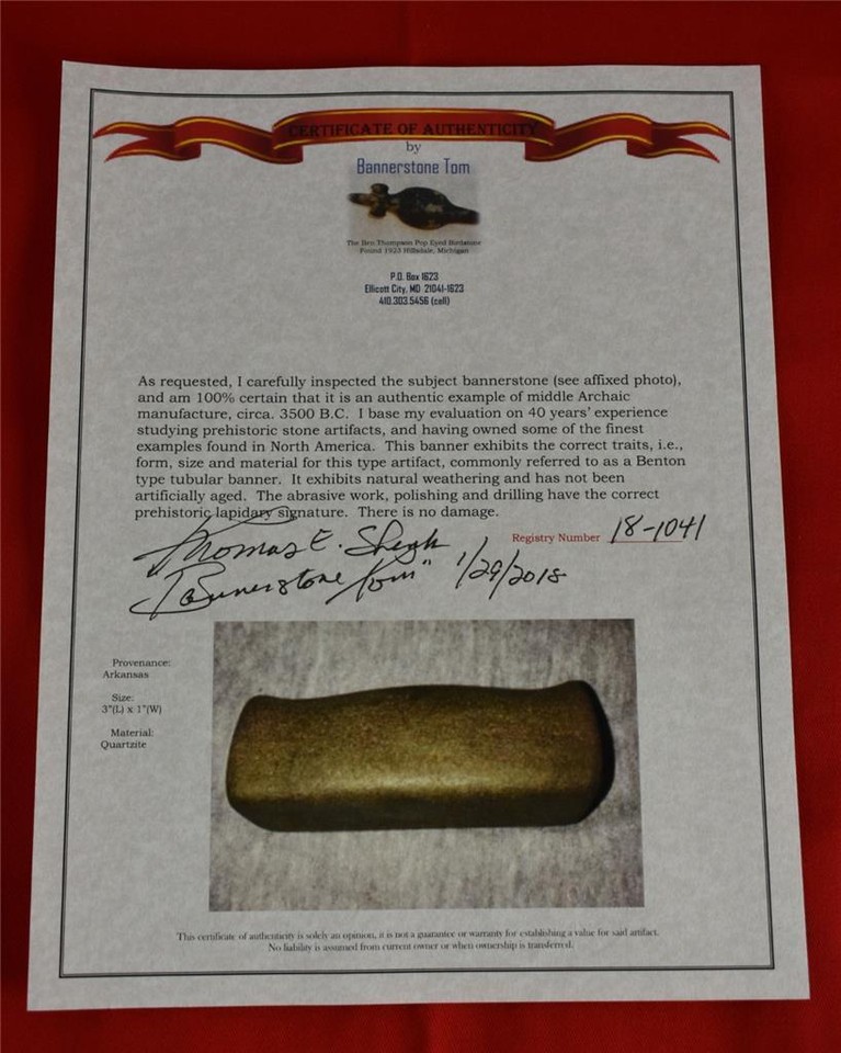 Quartzite Benton Type Tubular Bannerstone Tom COA Arrowheads Artifacts