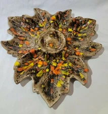 Vintage Chip and Dip Tray Funky 1978 Leaf Shaped Orange and Brown Autumn Colors