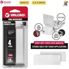 VELCRO Heavy Duty Hook Loop Tape 4pk White 4x2in Adhesive Strips 10lb Mounting