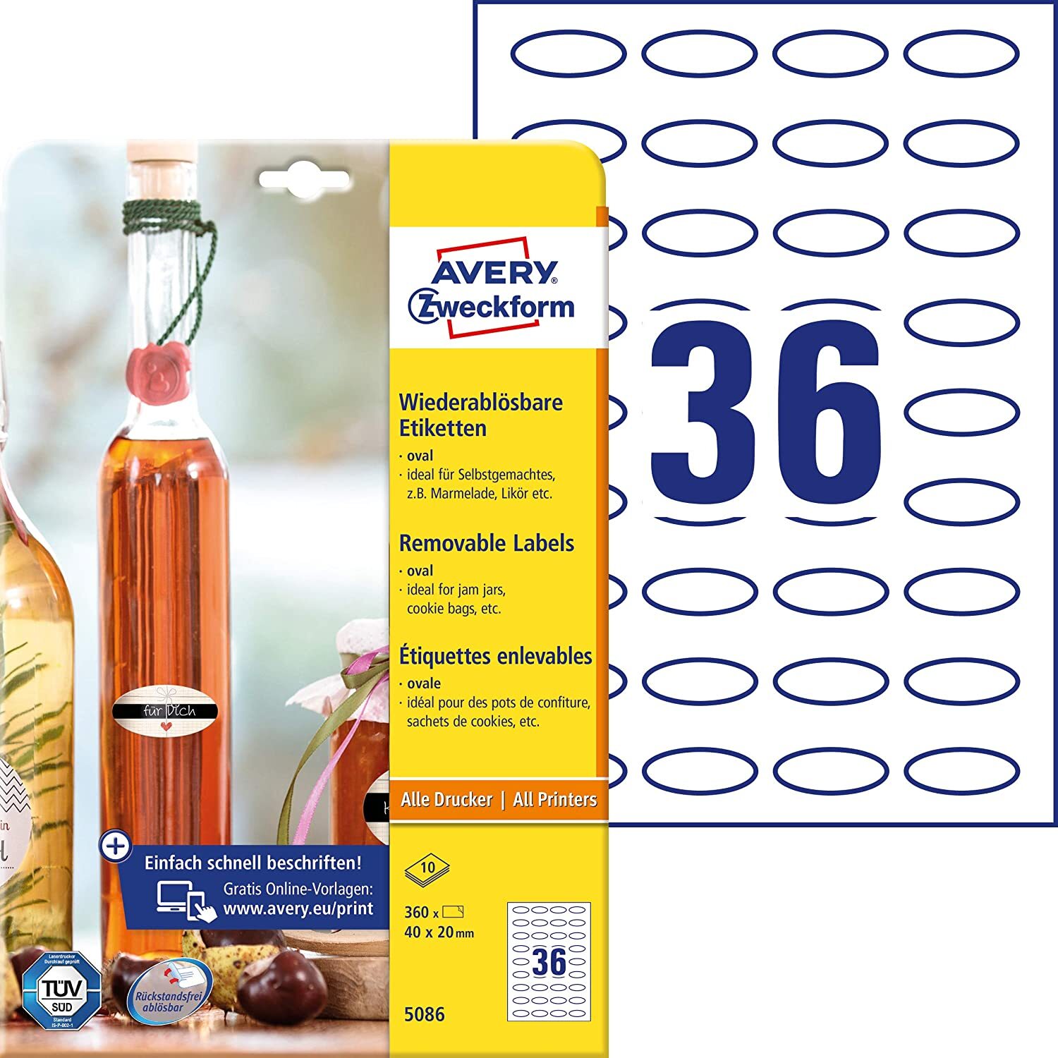 AVERY Zweckform 360 Flaschenetiketten selbstklebend (40x20 mm, Oval, Aufkleber I