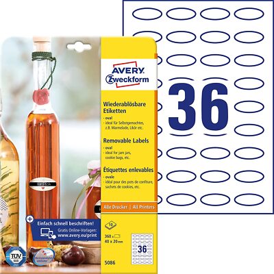 AVERY Zweckform 360 Flaschenetiketten selbstklebend (40x20 mm, Oval, Aufkleber I