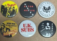 Quality Retro Pin Badges PUNK/NEW WAVE Set Of 6 - clash, slf, damed, uk subs,