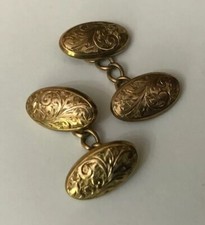 ANTIQUE VINTAGE GENTS MENS 9CT 9K YELLOW GOLD CHASED ENGRAVED OVAL  CUFFLINKS