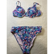 CUPSHE Blue Floral Print Bikini Set High Waist Ruffle Trim Bra Swimsuit XL