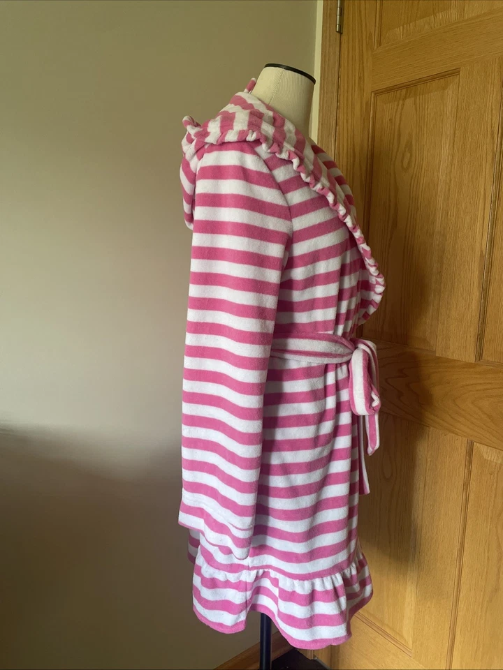 BETSEY JOHNSON Terciopelo Rosa Caramelo Blanco Rayas Volantes Borde Con Capucha Corbata Bata L Foto 3 de 4