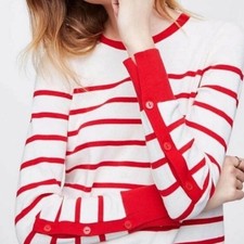 LOFT Cream  Red Striped Button Long Sleeve Pullover Lightweight Sweater Small