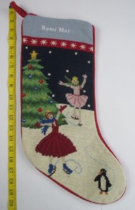 LANDS END Ice Skaters Wool Needlepoint Christmas Stocking Flawed REMI MAR