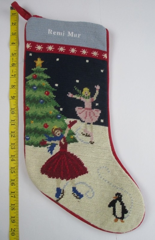 LANDS END Ice Skaters Wool Needlepoint Christmas Stocking Flawed REMI MAR