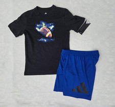 Adidas Shirt Shorts Set Boys Size 6 Black Blue Football Graphic Athletic Sports