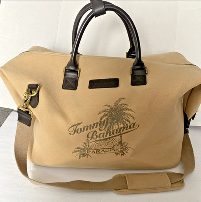 Tommy Bahama Duffel Bag Mens Tan Canvas Travel Paradise Palm Tree Logo Weekender