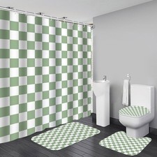 4 PCS Checkered Shower Curtain Sets Fun Gingham Bathroom Sets Soft Non Slip B...