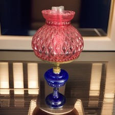 Stunning Gone With The Wind Cobalt Blue Hurricane Lamp w/ Cranberry shade.