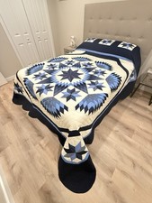 New Amish Quilt Feathered Star Quilt  Blue  White Handmade 104x117 Lancaster PA