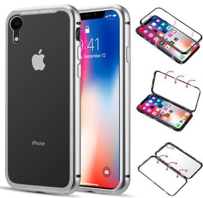 Silver Magnetic Snap Case Cover Clear Tempered Glass Back for iPhone XR 10R 6.1''